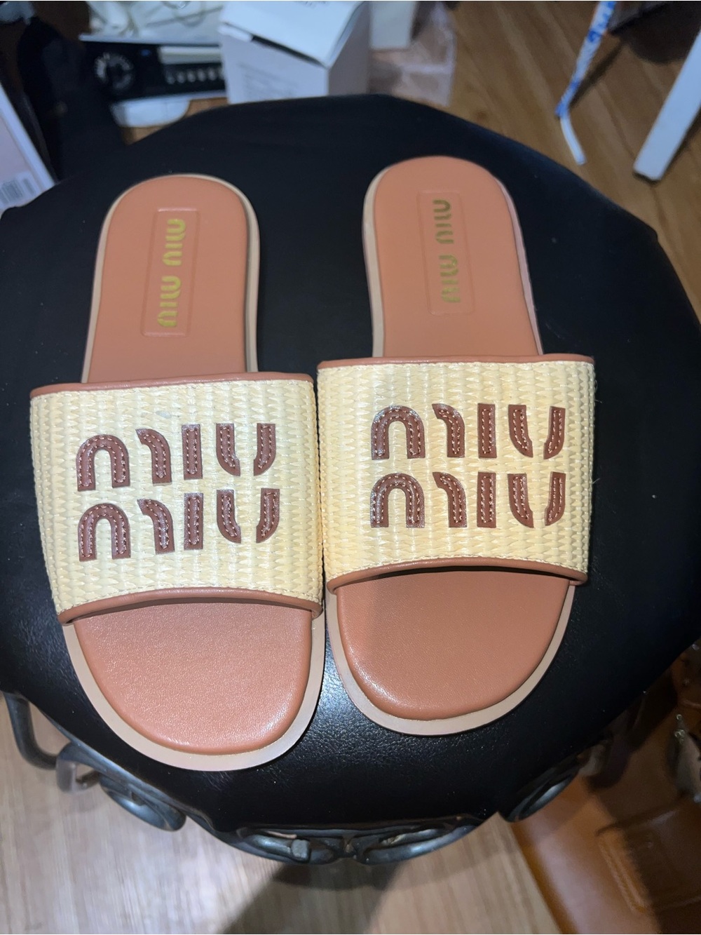 Miu Miu Beige Raffia Slide Sandals with Brown Accents